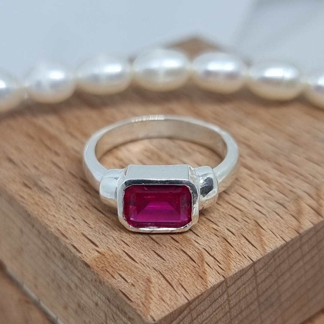 Silver ring with rectangle synthetic ruby gemstone - made in NZ image 0